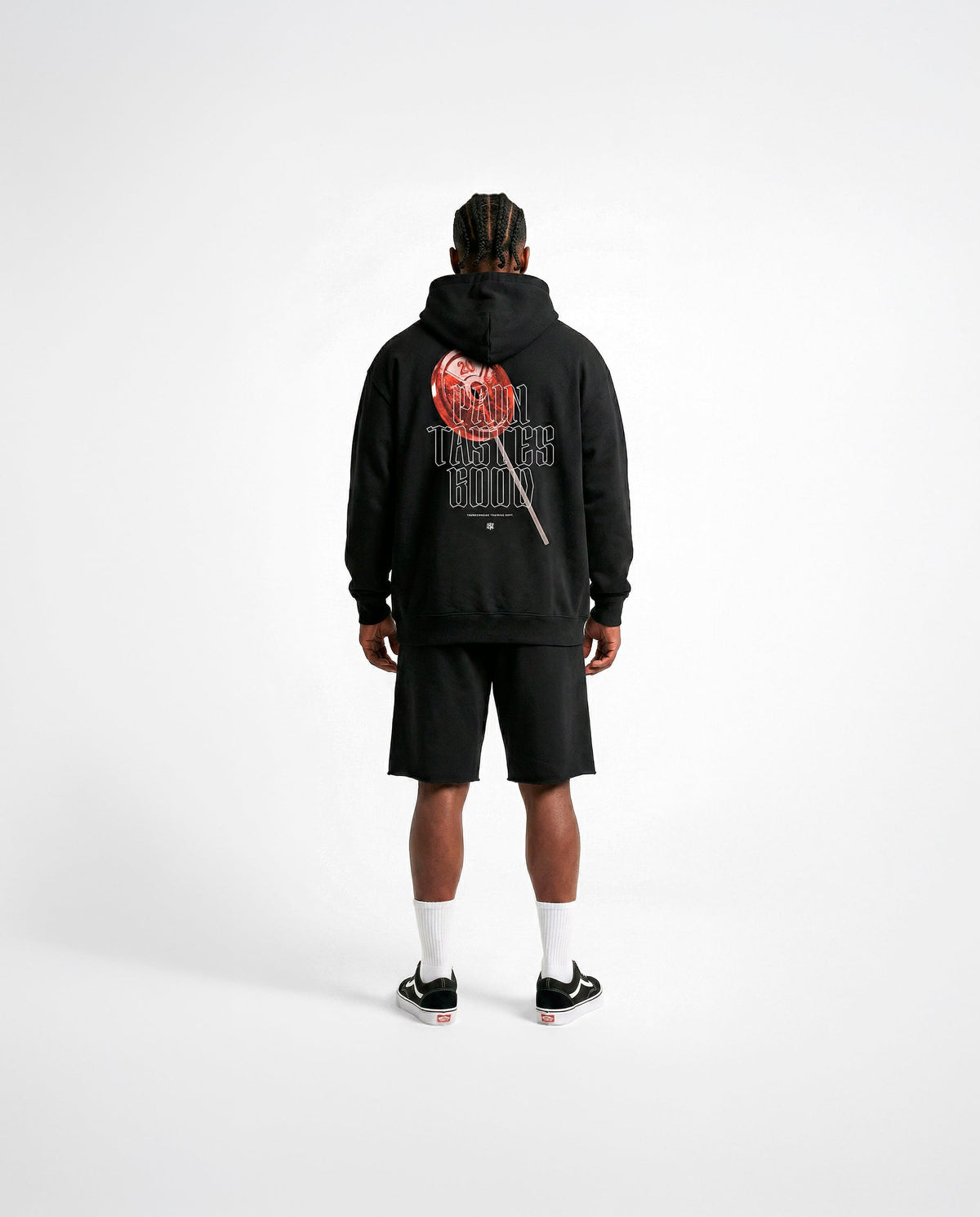Pain Tastes Good Oversize Hoodie Black - Model Back — View 4