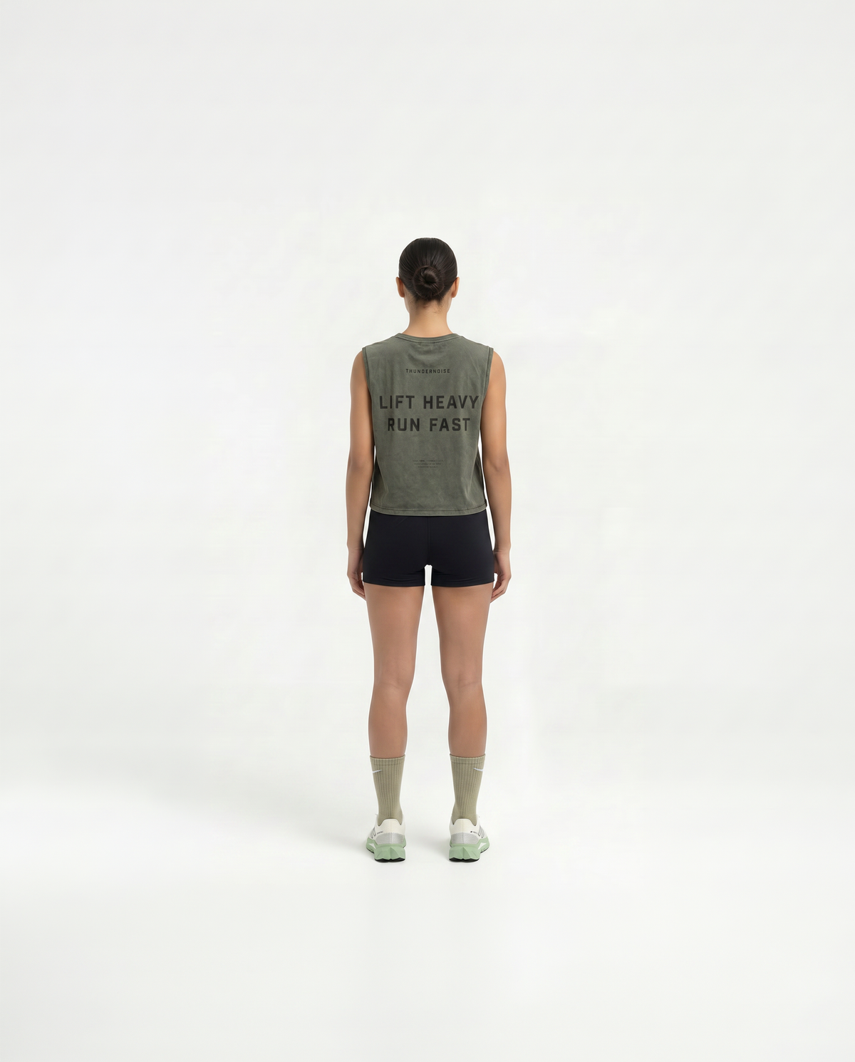 Lift Heavy Run Fast Cropped Tank Top Khaki - Model Back — View 3