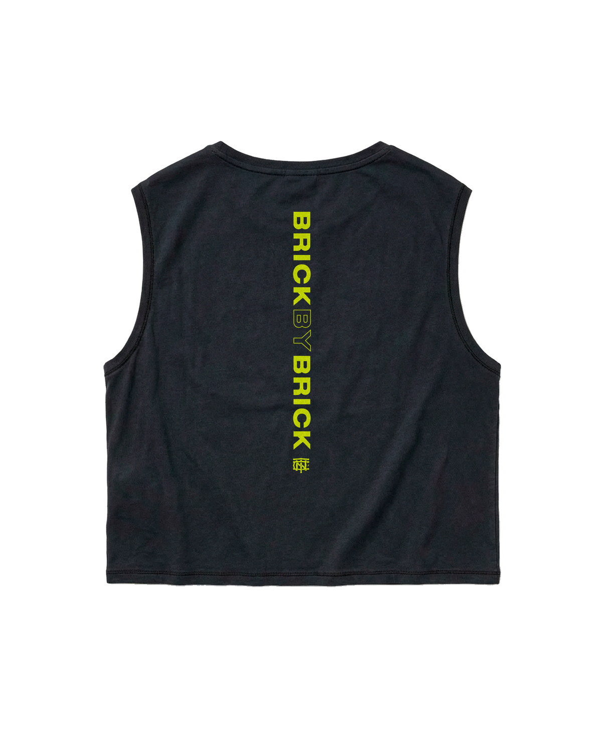 Brick by Brick cropped tank top in black — back with BRICK BY BRICK set vertically down the centre in lime green — Vista 1