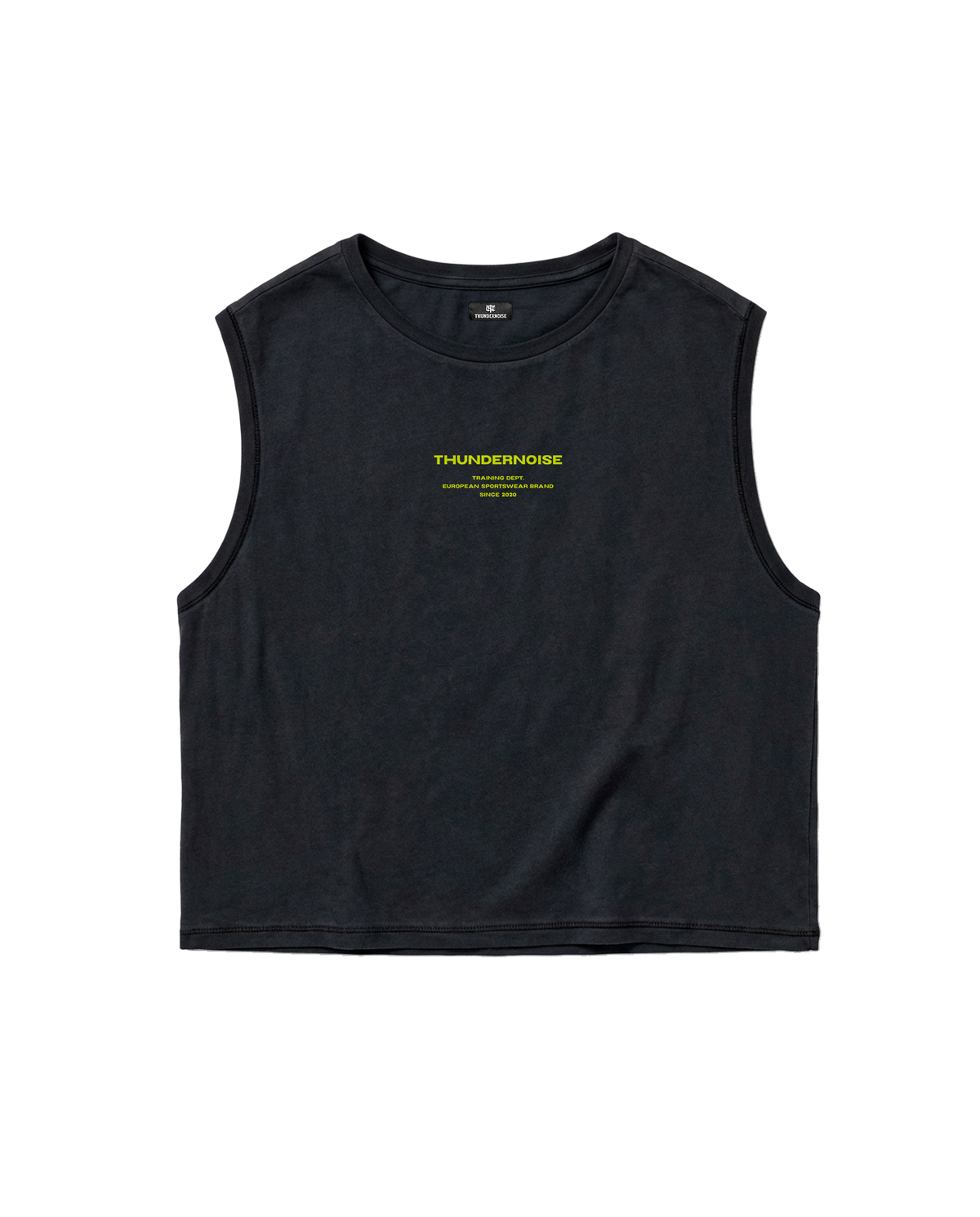 Brick by Brick cropped tank top in black — front with the THUNDERNOISE TRAINING DEPT block centred on the chest in lime green — Vista 5
