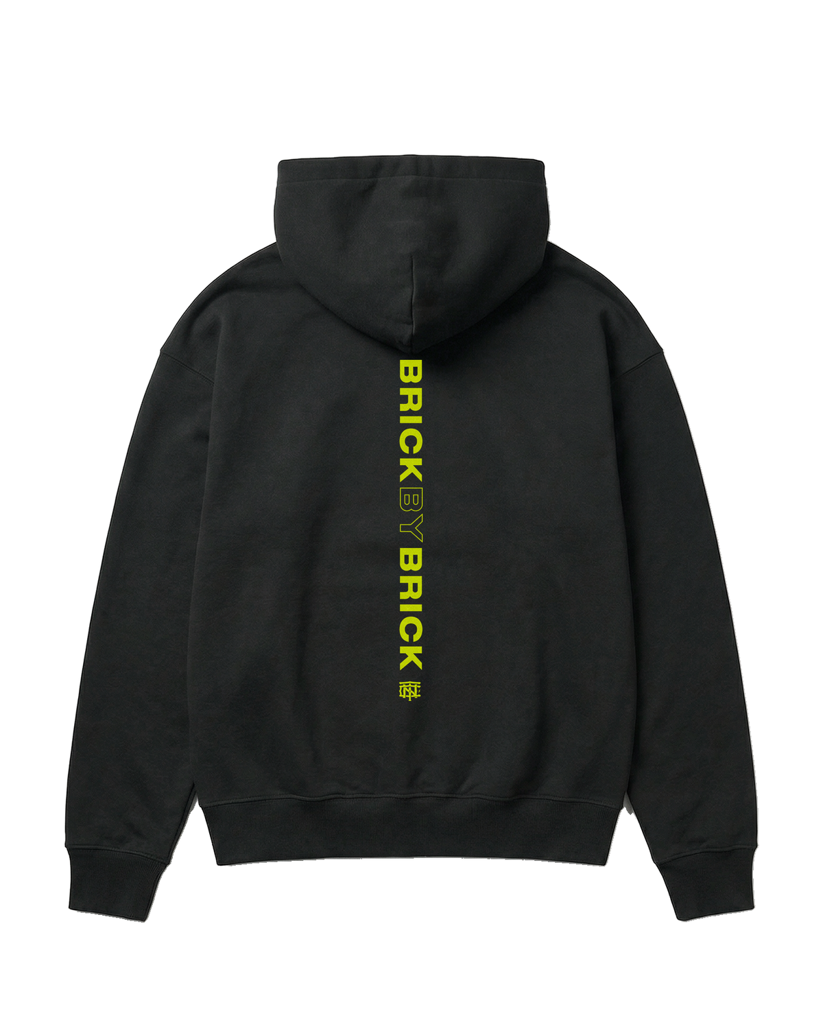 Brick by Brick oversize hoodie in black — back with BRICK BY BRICK set vertically down the centre in lime green — Ansicht 1
