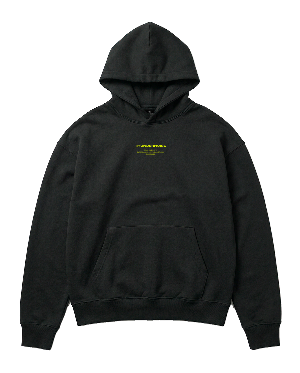 Brick by Brick oversize hoodie in black — front with the THUNDERNOISE TRAINING DEPT block centred on the chest in lime green — Ansicht 5