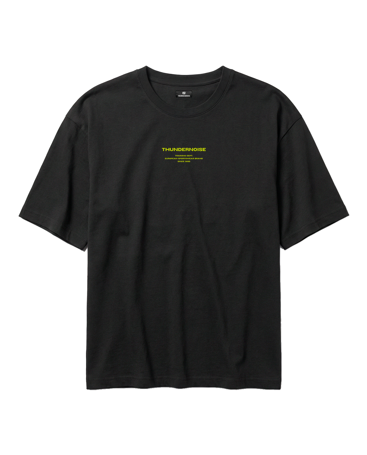 Brick by Brick oversize t-shirt in black — front with the THUNDERNOISE TRAINING DEPT block centred on the chest in lime green — Vista 5