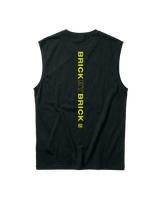 Brick by Brick tank top in black — back with BRICK BY BRICK set vertically down the centre in lime green