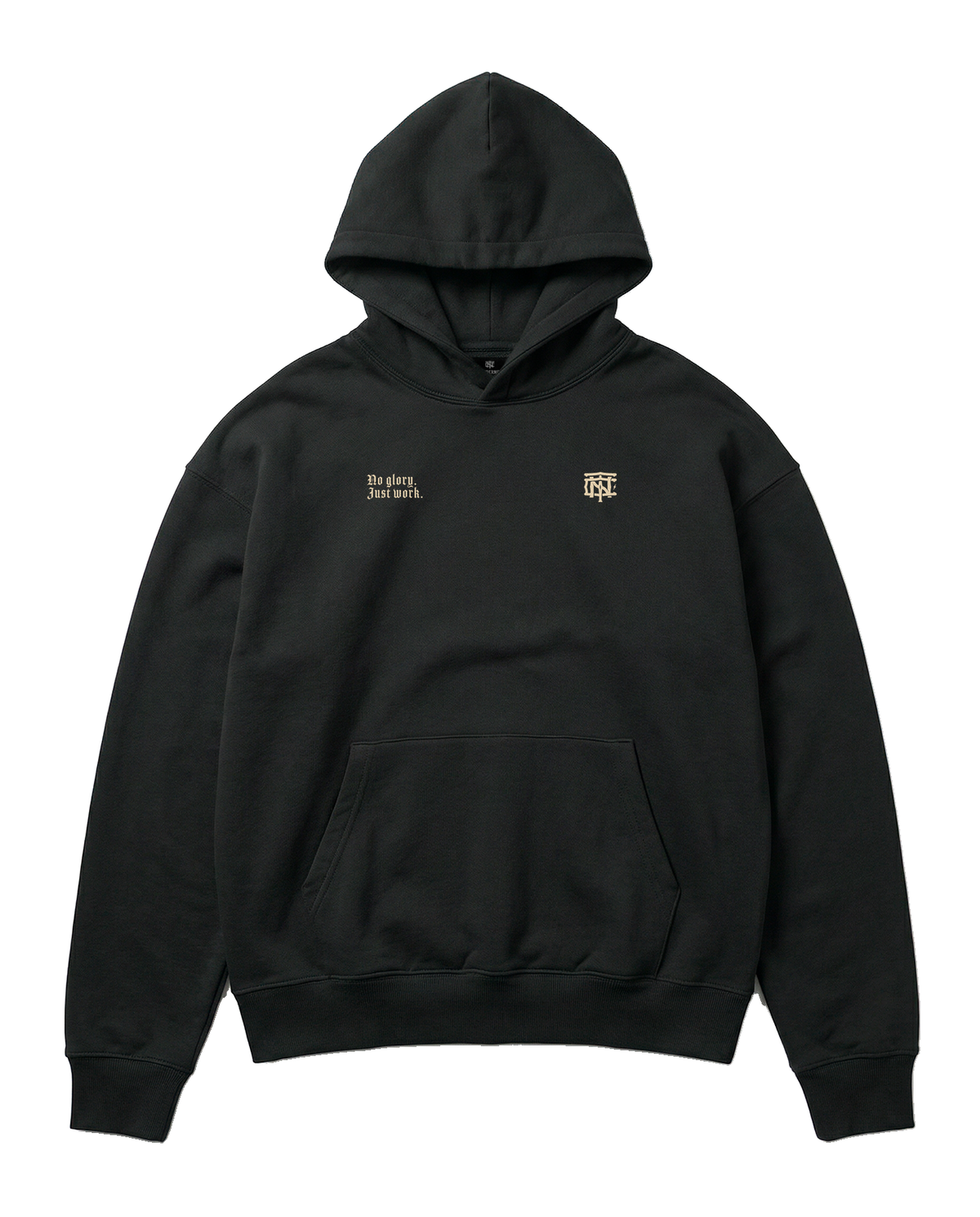 No Glory Just Work oversize hoodie in black — front with the left-chest NO GLORY JUST WORK wordmark and the right-chest Thundernoise monogram in sand — Ansicht 5
