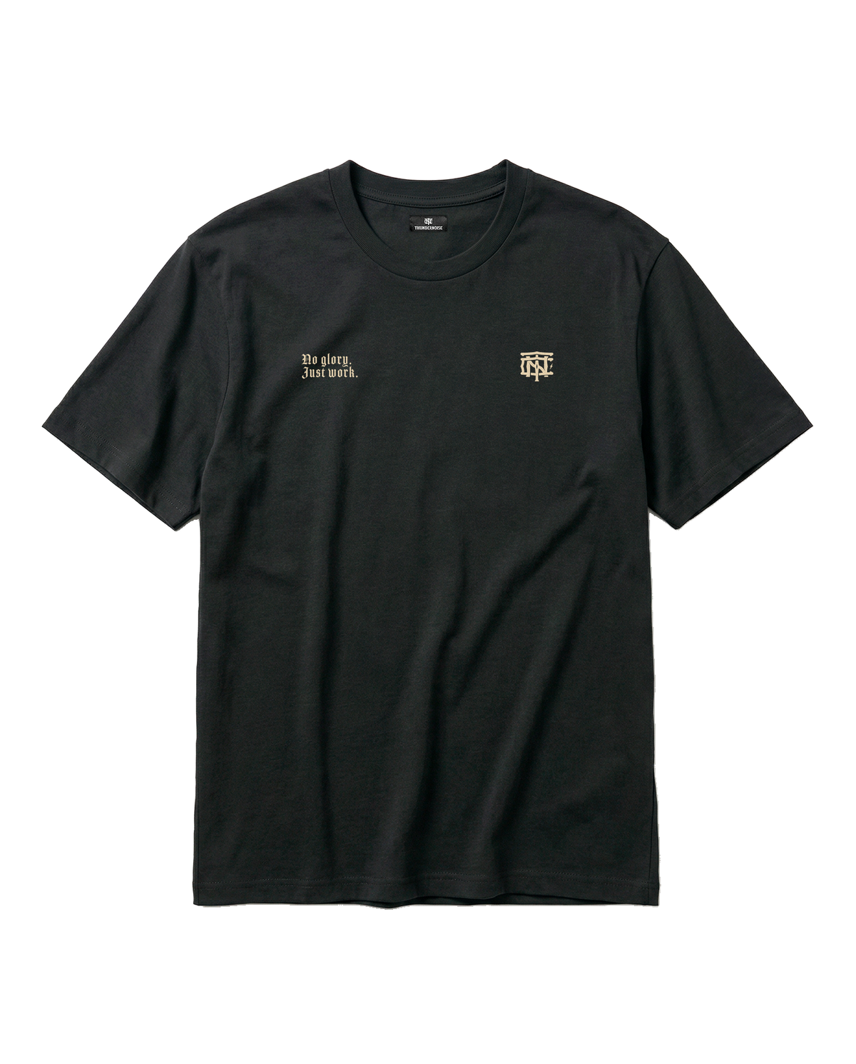 No Glory Just Work t-shirt in black — front with the left-chest NO GLORY JUST WORK wordmark and the right-chest Thundernoise monogram in sand — Ansicht 5