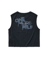 One More Mile cropped tank top in black — back with the dripping ONE MORE MILE graffiti print in slate blue