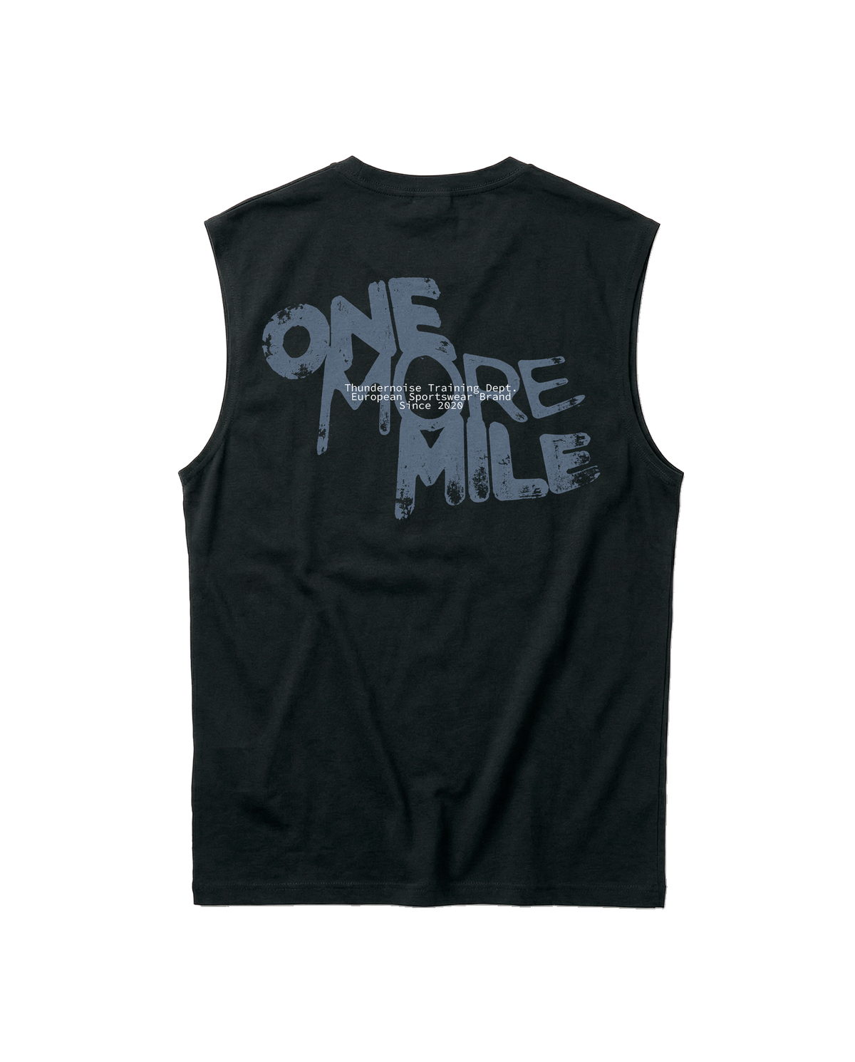 One More Mile tank top in black — back with the dripping ONE MORE MILE graffiti print in slate blue — Ansicht 1