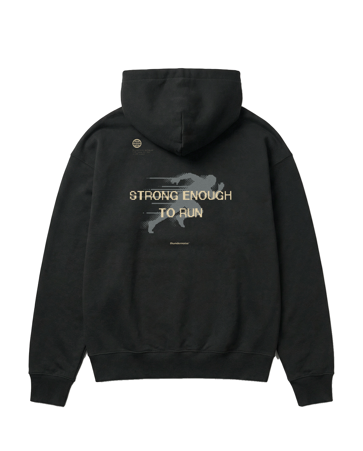 Strong Enough to Run oversize hoodie in black — back print reading STRONG ENOUGH TO RUN over a halftone runner in sand and grey — Ansicht 1