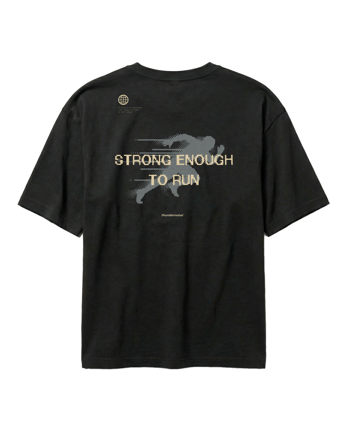 Strong Enough to Run oversize t-shirt in black — back print reading STRONG ENOUGH TO RUN over a halftone runner in sand and grey — Ansicht 1