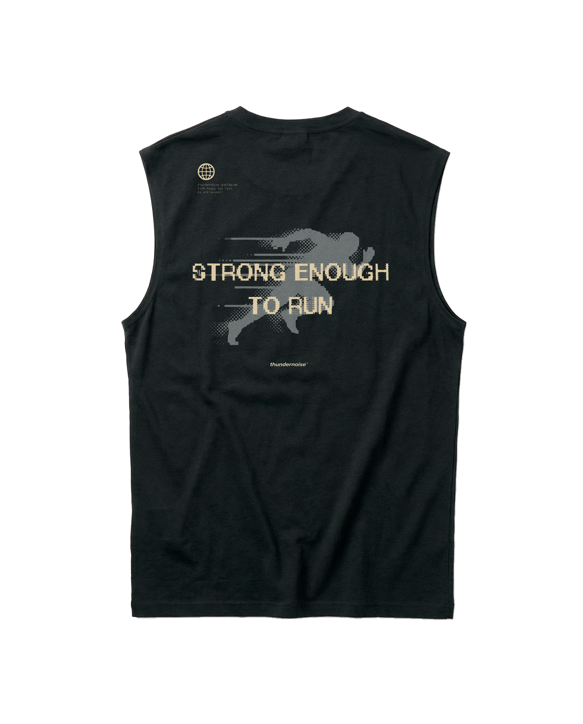 Strong Enough to Run tank top in black — back print reading STRONG ENOUGH TO RUN over a halftone runner in sand and grey — Ansicht 1