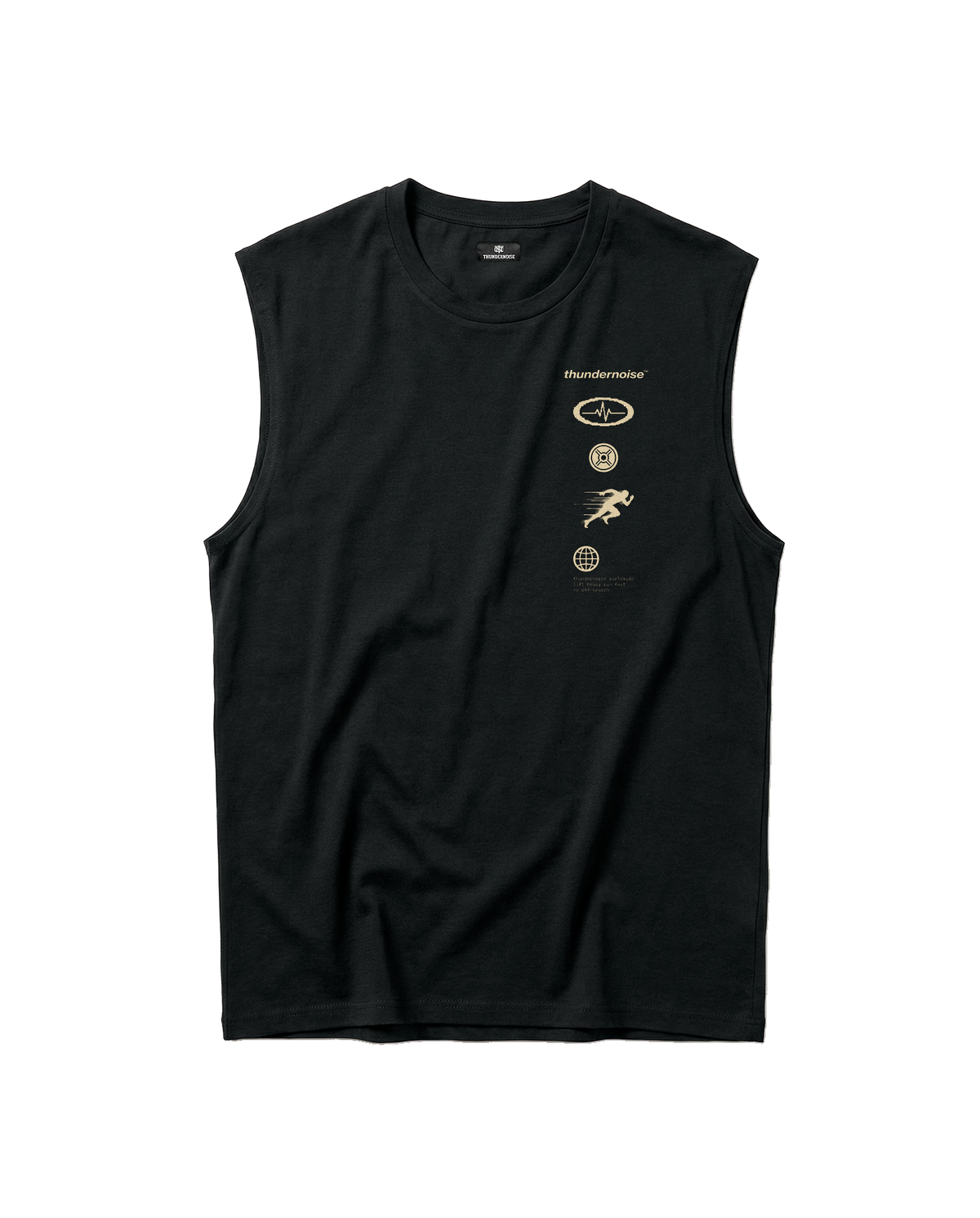 Strong Enough to Run tank top in black — front with the right-chest column of pulse, plate, sprinter and globe markers — Ansicht 5