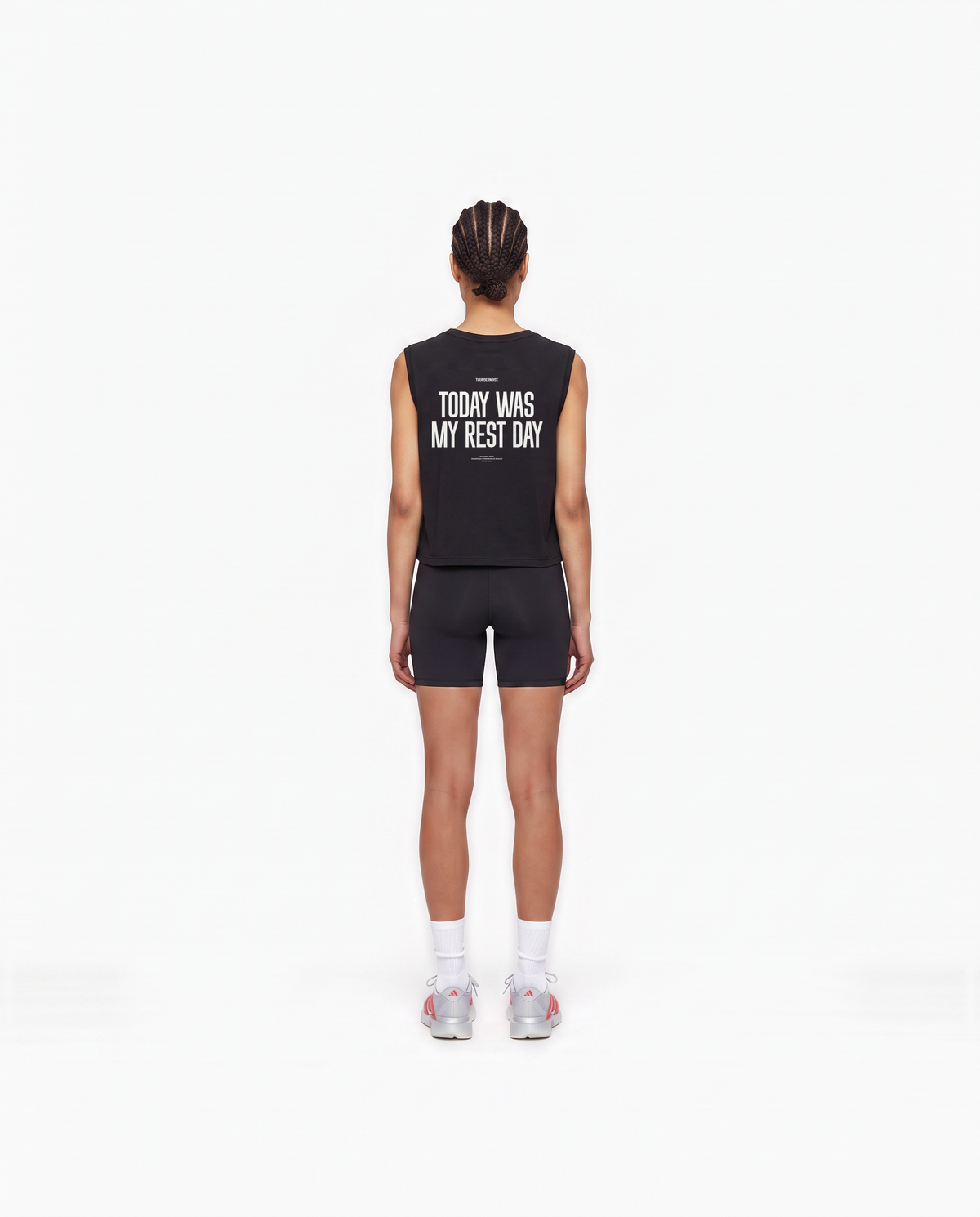 Model wearing the Today Was My Rest Day cropped tank top in black — back view with the TODAY WAS MY REST DAY block in white — Vista 4