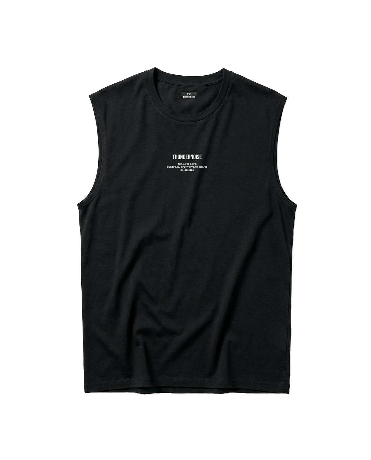 Today Was My Rest Day tank top in black — front with the compact Thundernoise chest mark in white — Vue 5