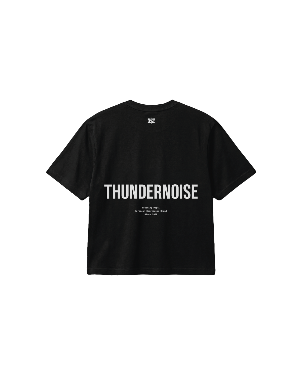 Training Dept. triblend cropped t-shirt in black — back with the TN monogram at the neck and a large THUNDERNOISE wordmark — Vista 1