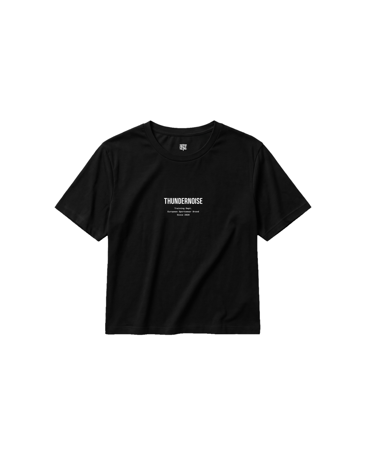 Training Dept. triblend cropped t-shirt in black — front with the THUNDERNOISE wordmark over the Training Dept. line at the chest — Vista 6