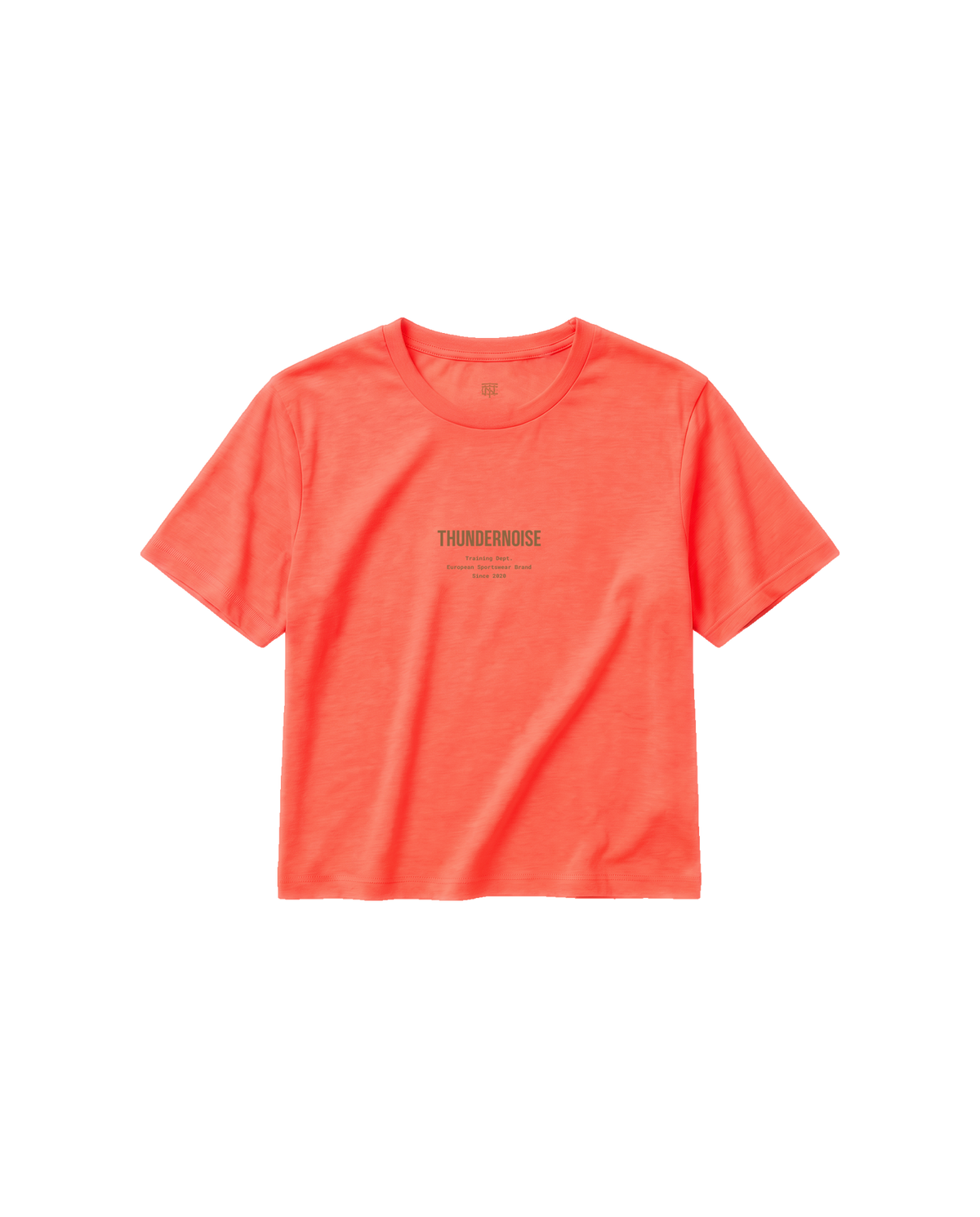Training Dept. triblend cropped t-shirt in coral — front with the THUNDERNOISE wordmark over the Training Dept. line at the chest — Vista 6