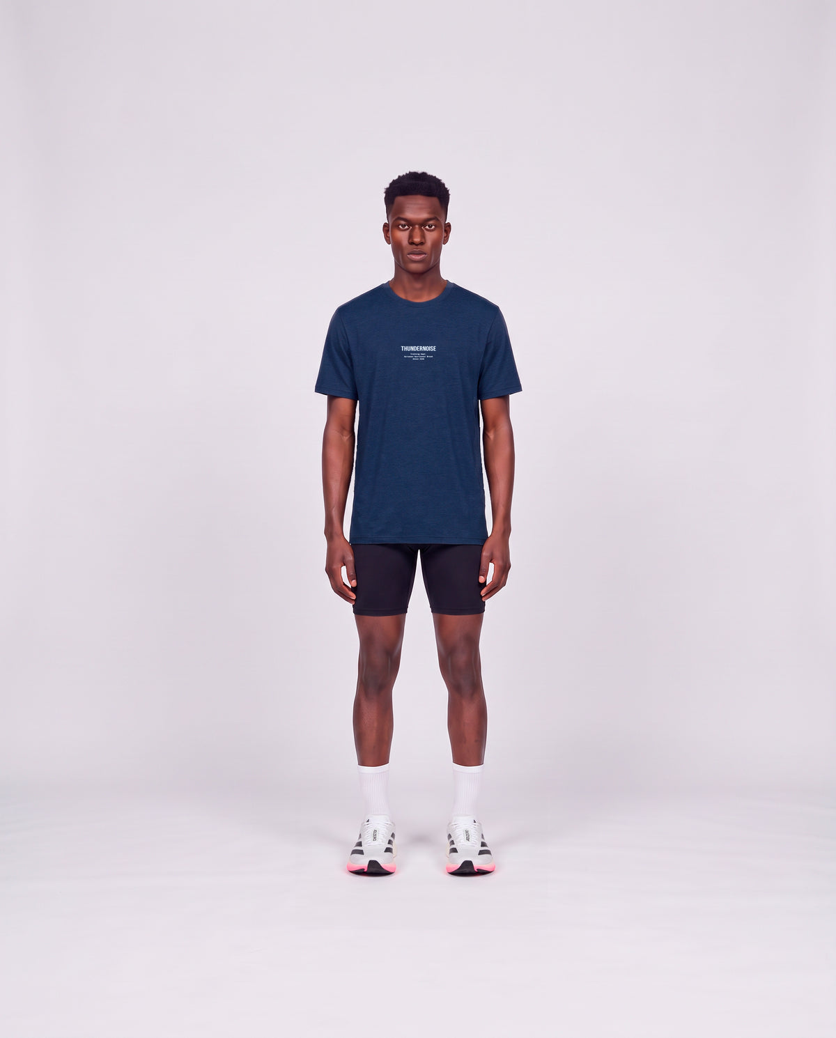 Training Dept. triblend t-shirt in french navy heather on model — front view — View 2