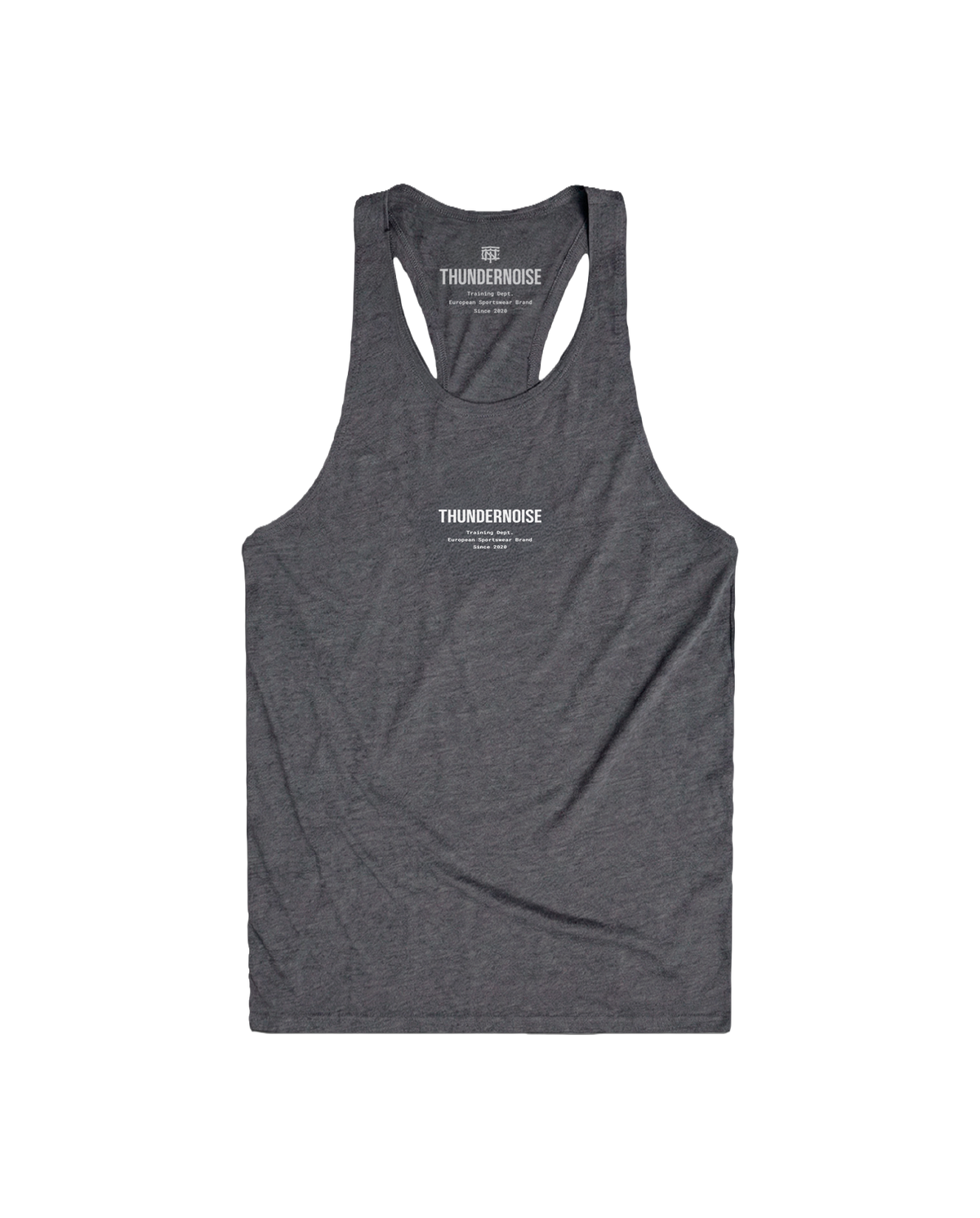 Training Dept. triblend tank top in dark grey heather — front with the THUNDERNOISE wordmark over the Training Dept. line at the chest — Vue 1