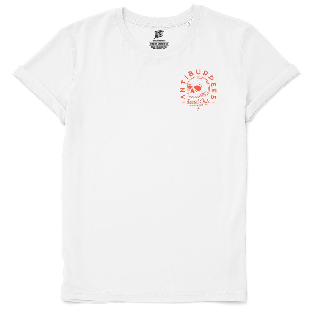 Antiburpees Social Club (Orange) - T-Shirt - White — Vista 1
