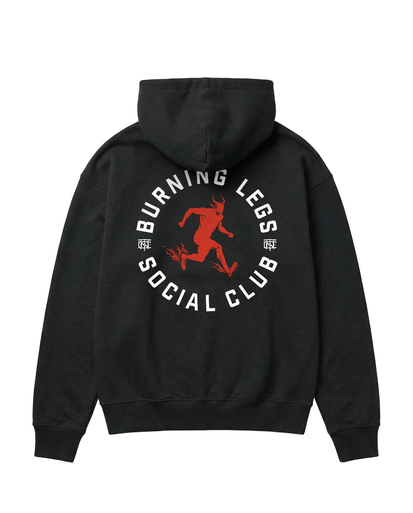 Burning Legs Social Club Oversize Hoodie Black — back print, red running devil — Vista 1
