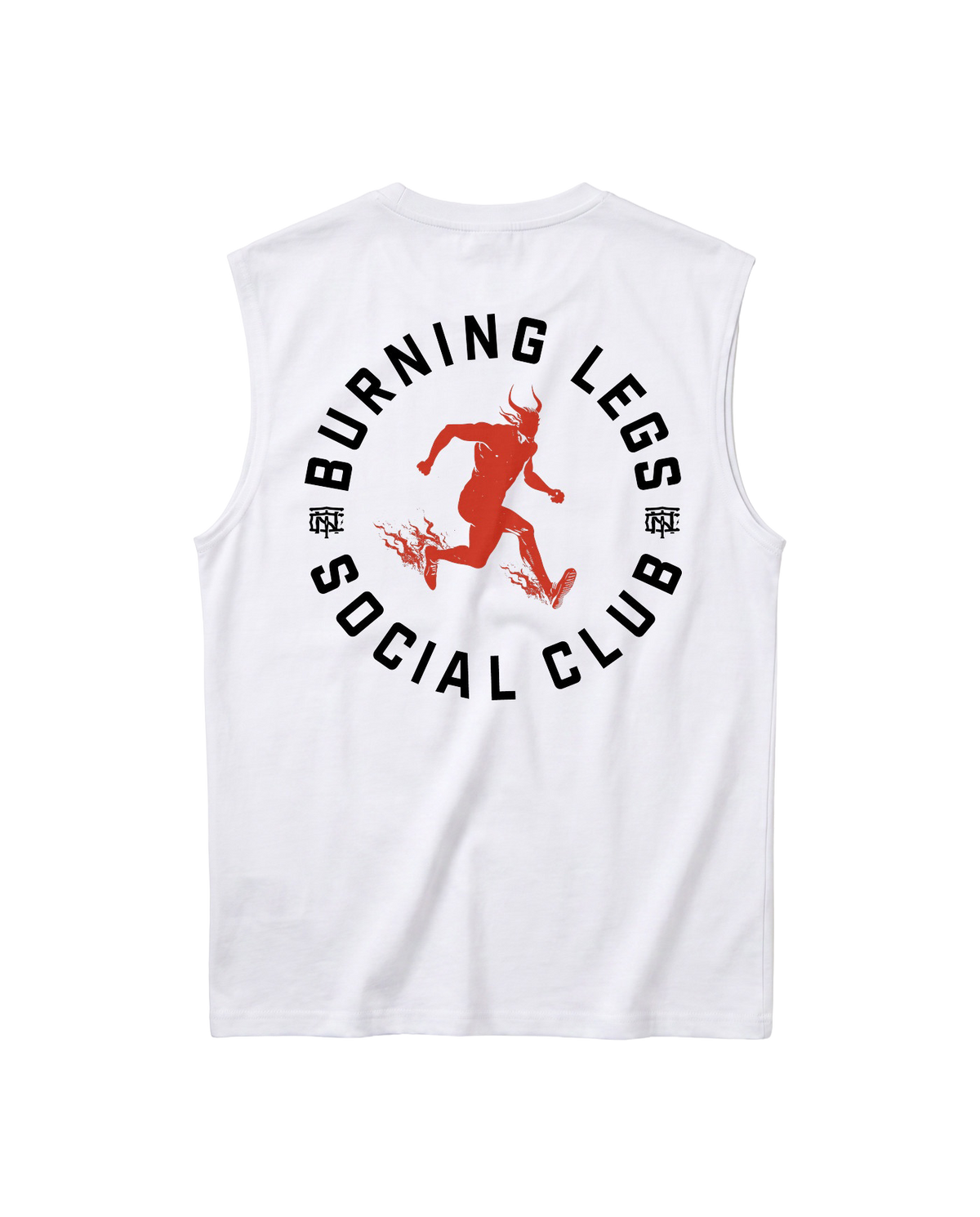 Burning Legs Social Club Tank Top White — back print, red running devil — Vista 1

