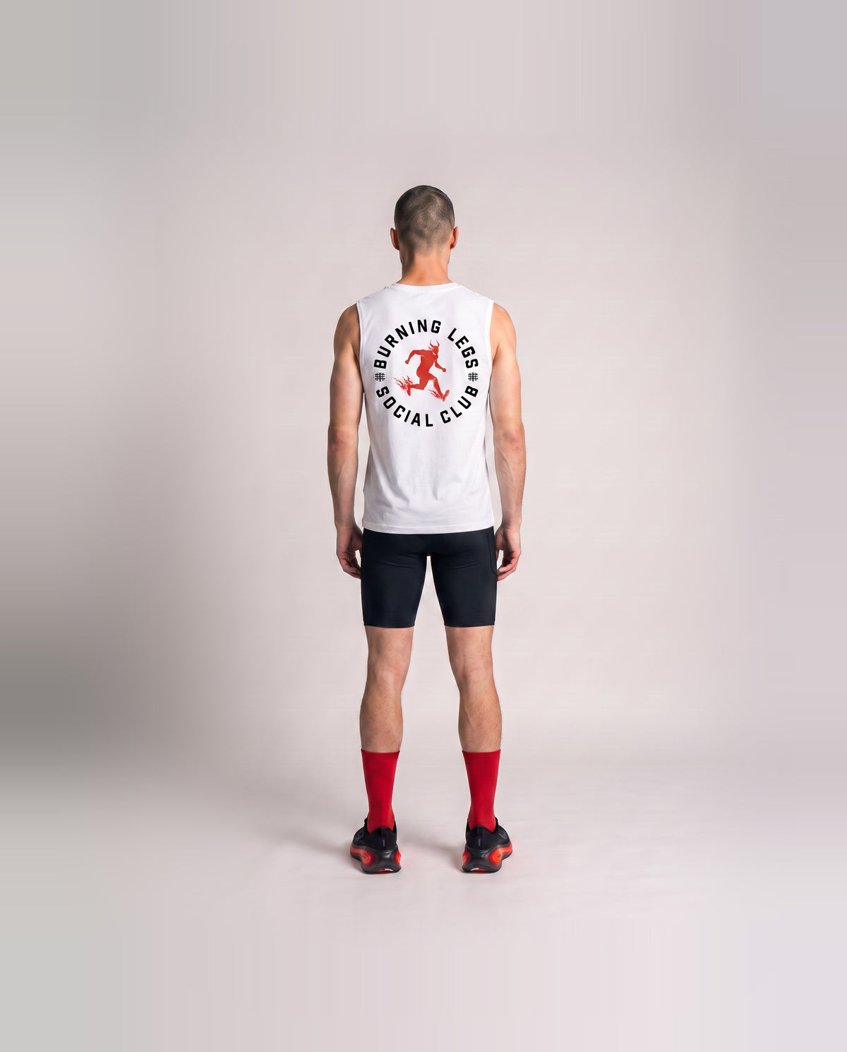 Burning Legs Social Club Tank Top White — model back — Vista 4
