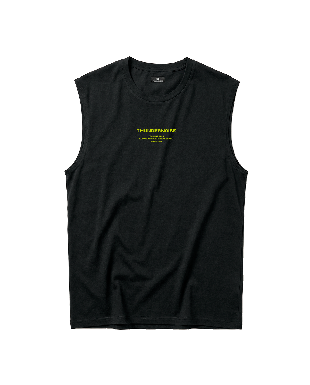Brick by Brick tank top in black — front with the THUNDERNOISE TRAINING DEPT block centred on the chest in lime green — Vista 5
