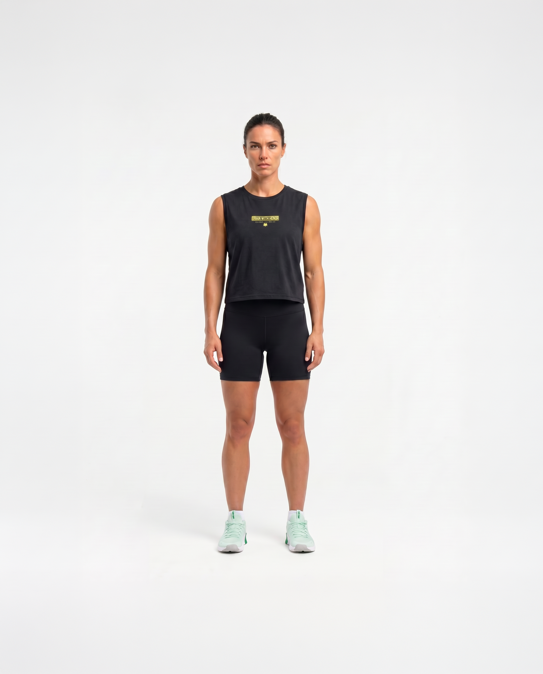 Train With Honor Cropped Tank Top Washed Grey - Model Front