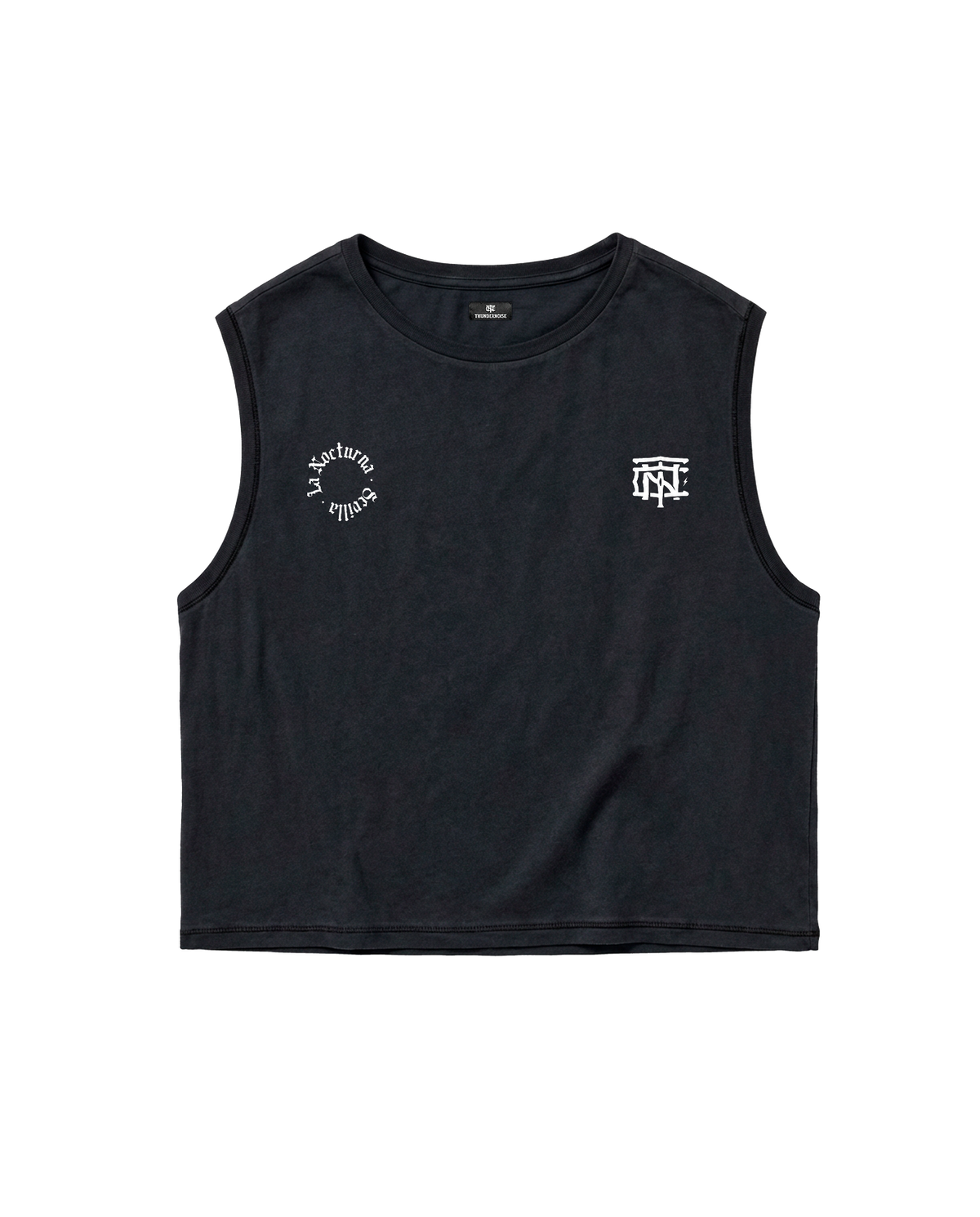 Let's Run the Night cropped tank top in black — front with the La Nocturna Sevilla seal and the TN monogram in white — Ansicht 8
