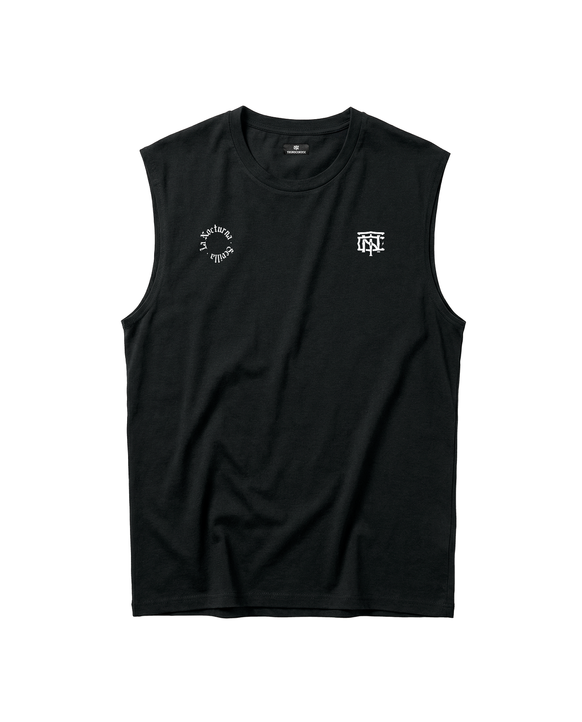 Let's Run the Night tank top in black — front with the La Nocturna Sevilla seal and the TN monogram in white — Vista 8
