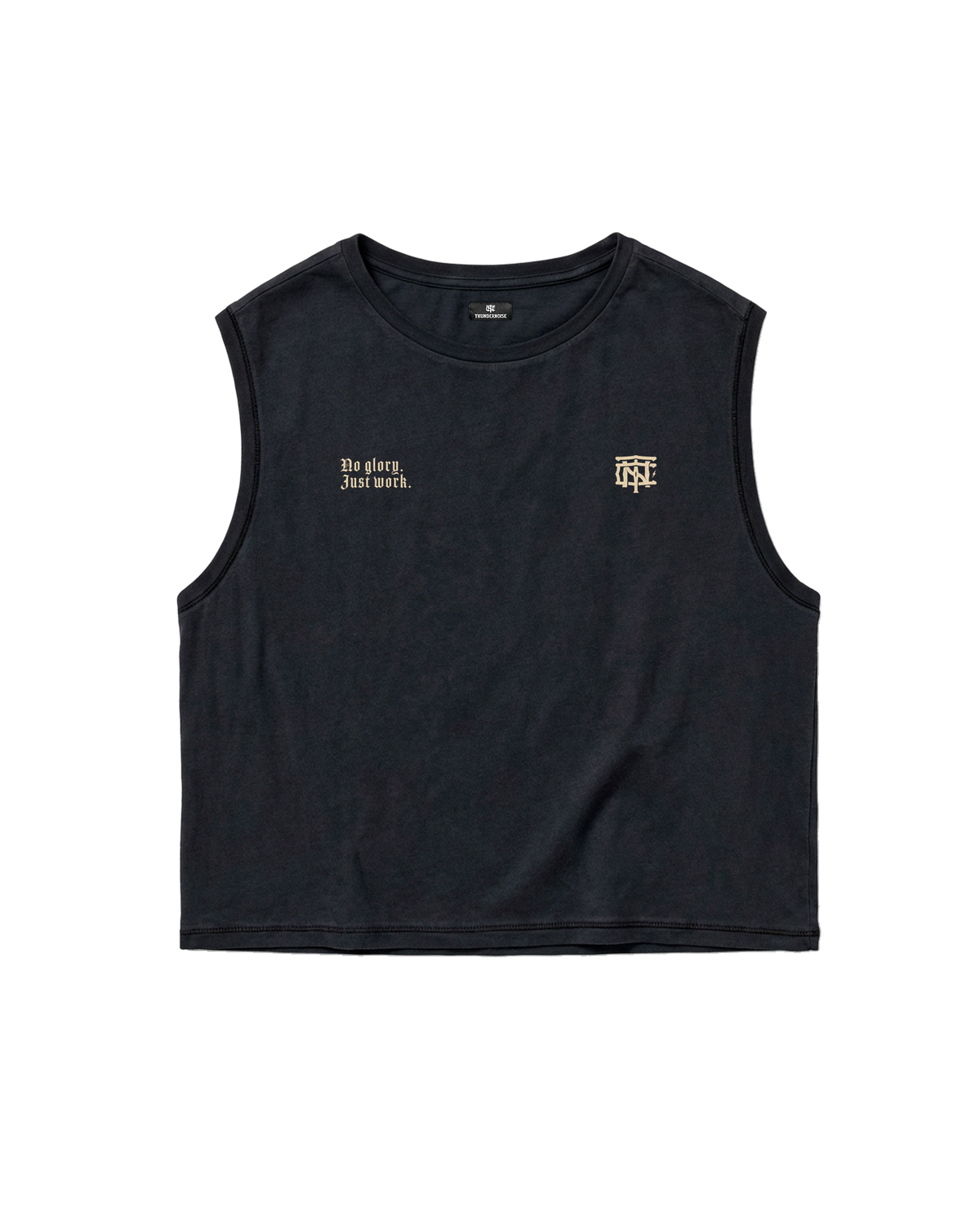 No Glory Just Work cropped tank top in black — front with the left-chest NO GLORY JUST WORK wordmark and the right-chest Thundernoise monogram in sand — Vue 5
