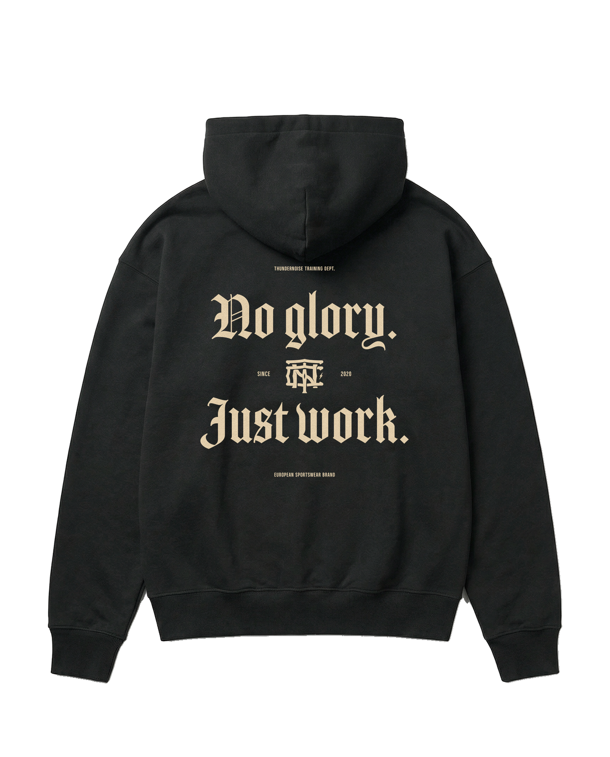 No Glory Just Work oversize hoodie in black — back with the NO GLORY JUST WORK blackletter print in sand with the Thundernoise monogram — Ansicht 1
