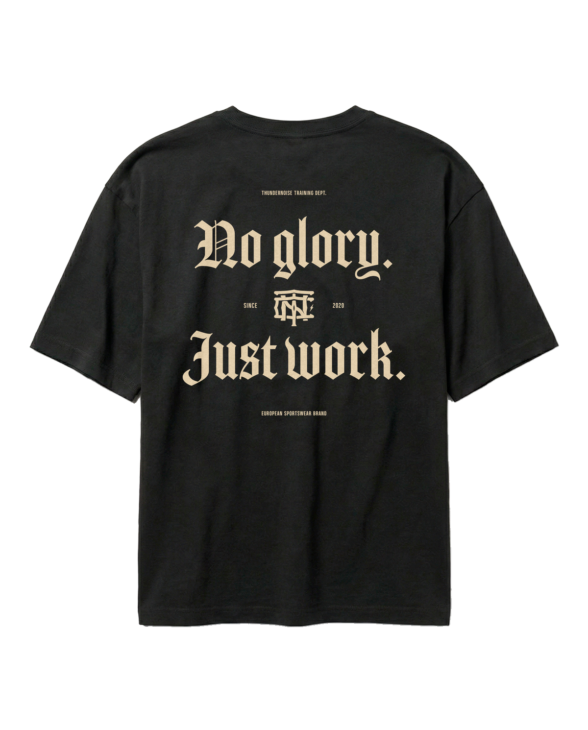 No Glory Just Work oversize t-shirt in black — back with the NO GLORY JUST WORK blackletter print in sand with the Thundernoise monogram — Ansicht 1
