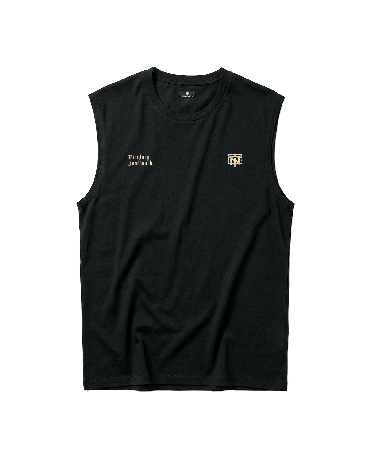 No Glory Just Work tank top in black — front with the left-chest NO GLORY JUST WORK wordmark and the right-chest Thundernoise monogram in sand — Ansicht 5

