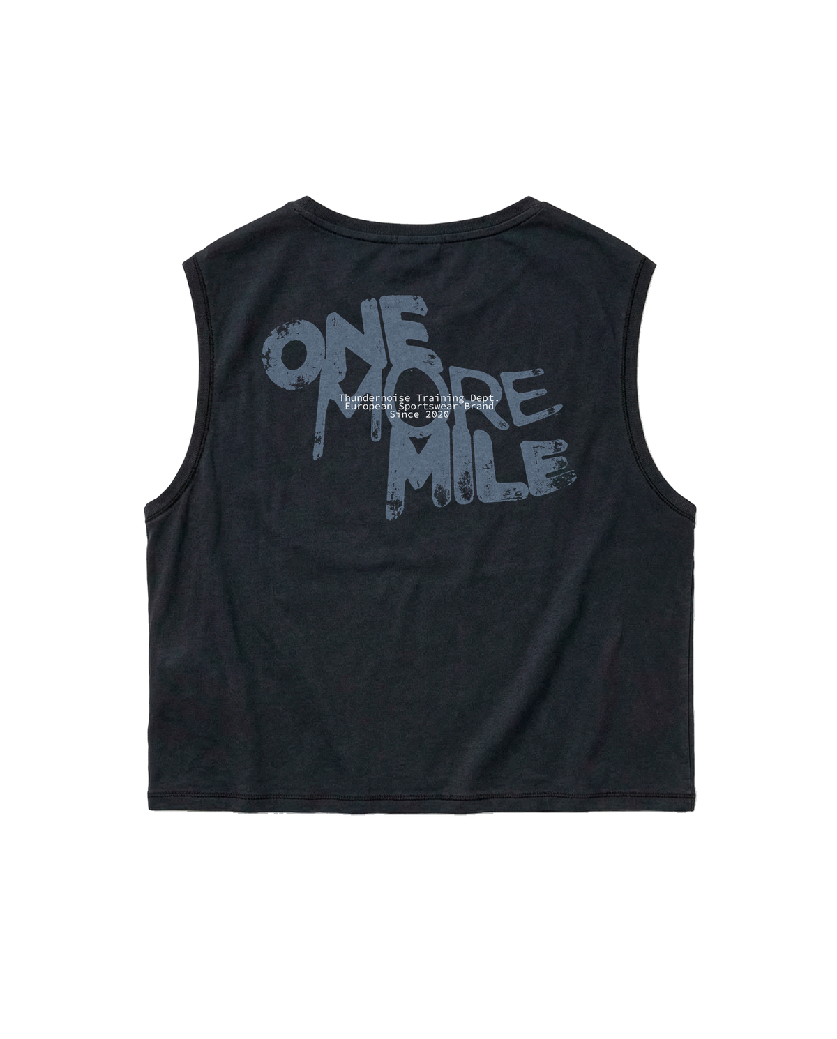 One More Mile cropped tank top in black — back with the dripping ONE MORE MILE graffiti print in slate blue