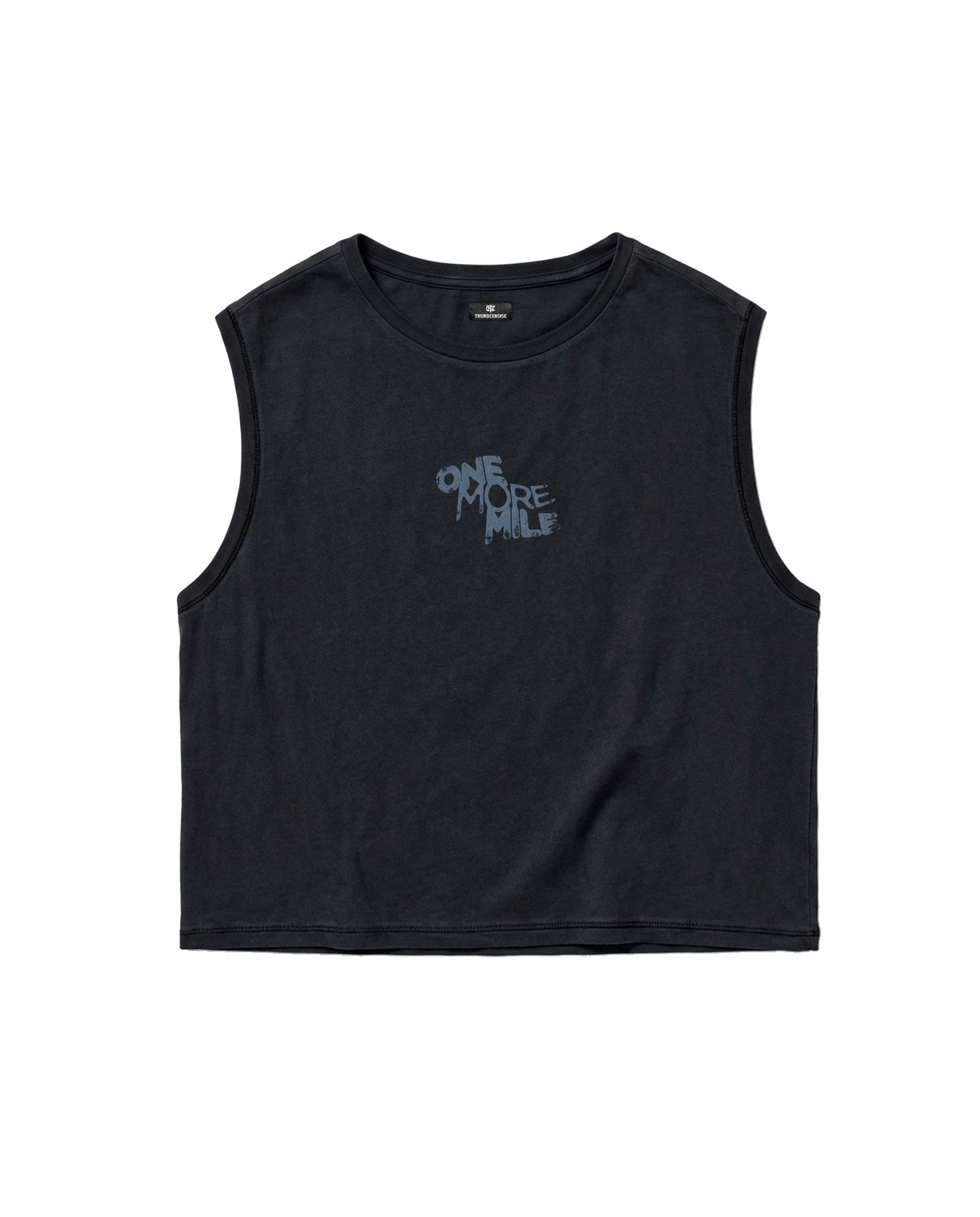 One More Mile cropped tank top in black — front with the ONE MORE MILE graffiti mark at the chest in slate blue