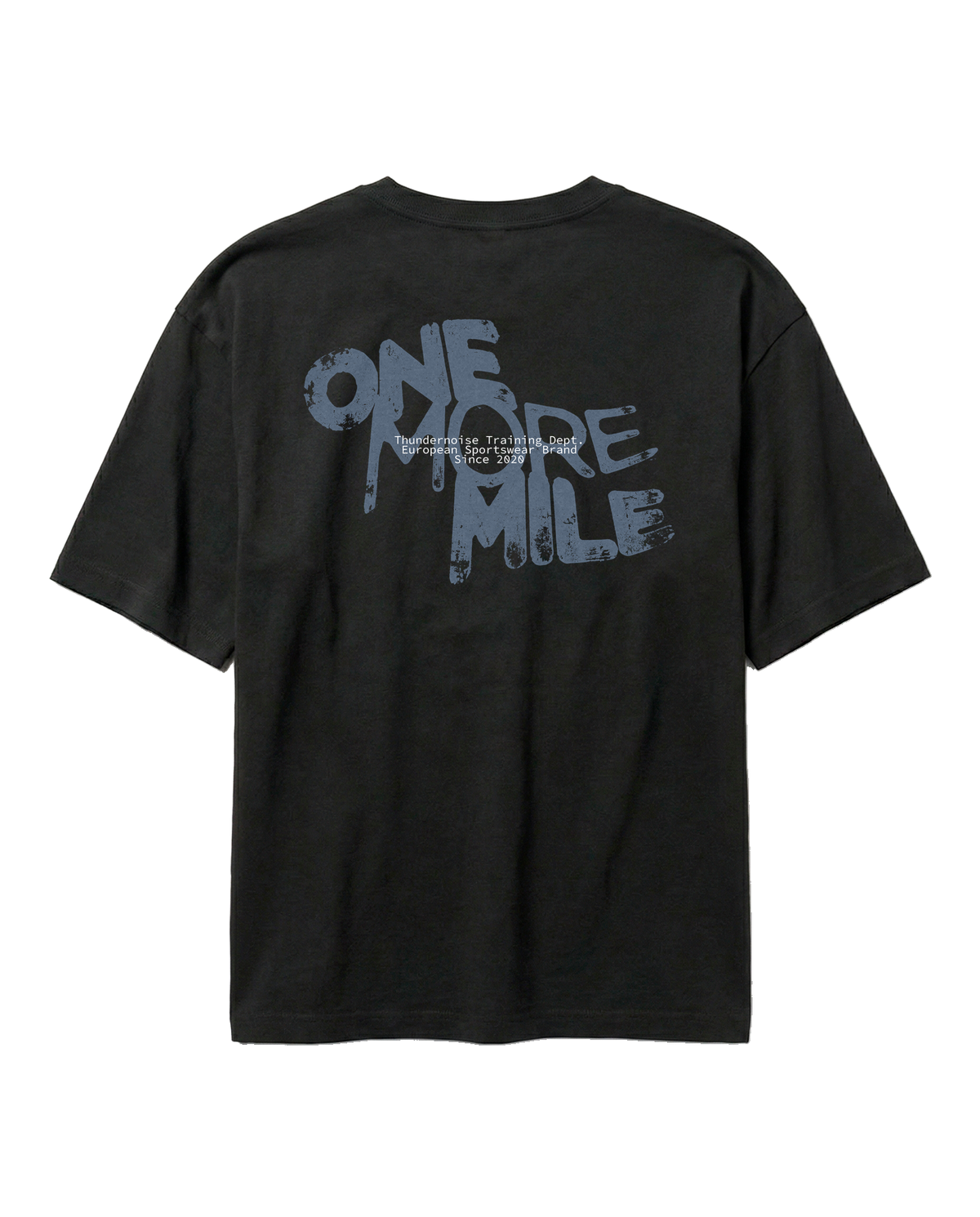 One More Mile oversize t-shirt in black — back with the dripping ONE MORE MILE graffiti print in slate blue — Vista 1
