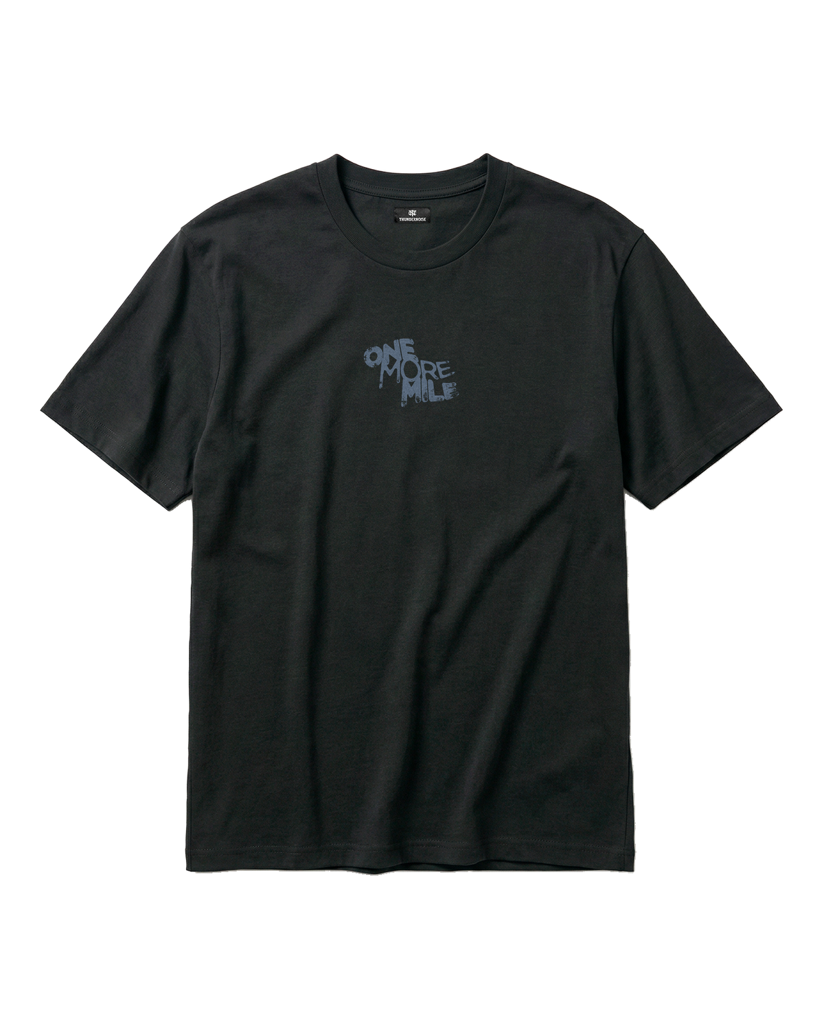 One More Mile t-shirt in black — front with the ONE MORE MILE graffiti mark at the chest in slate blue