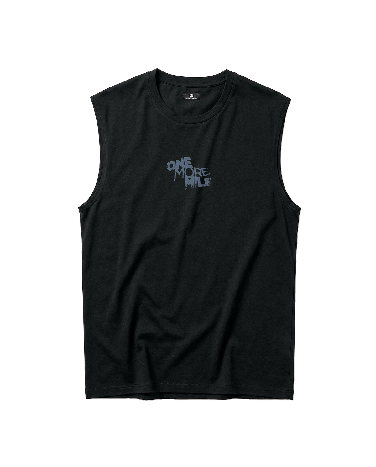 One More Mile tank top in black — front with the ONE MORE MILE graffiti mark at the chest in slate blue