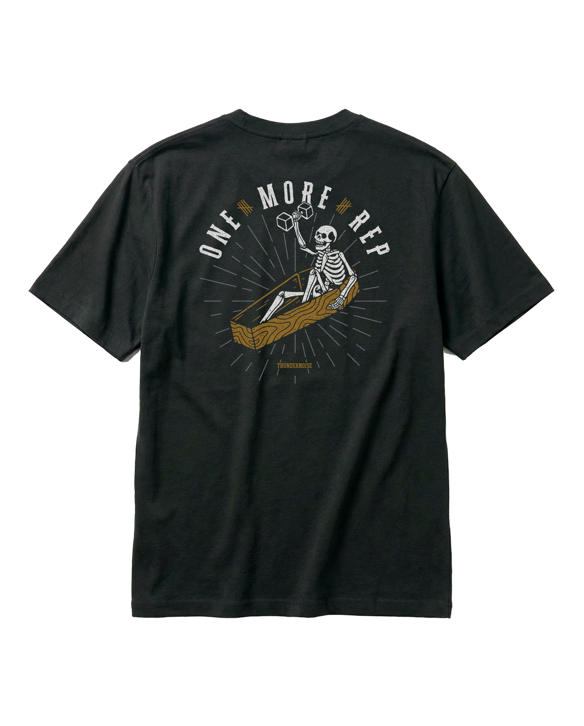 One More Rep t-shirt in black — back with the skeleton pressing one last dumbbell out of an open coffin under ONE MORE REP in bone white and gold — Ansicht 1
