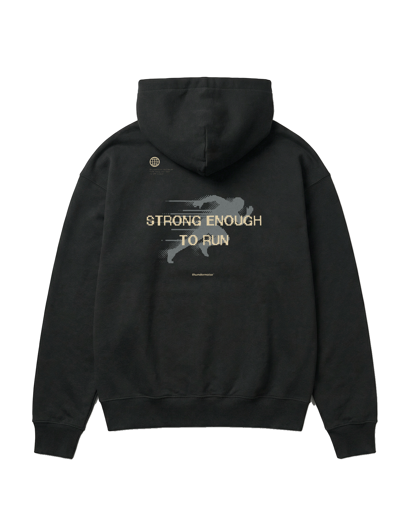 Strong Enough to Run oversize hoodie in black — back print reading STRONG ENOUGH TO RUN over a halftone runner in sand and grey — Vue 1

