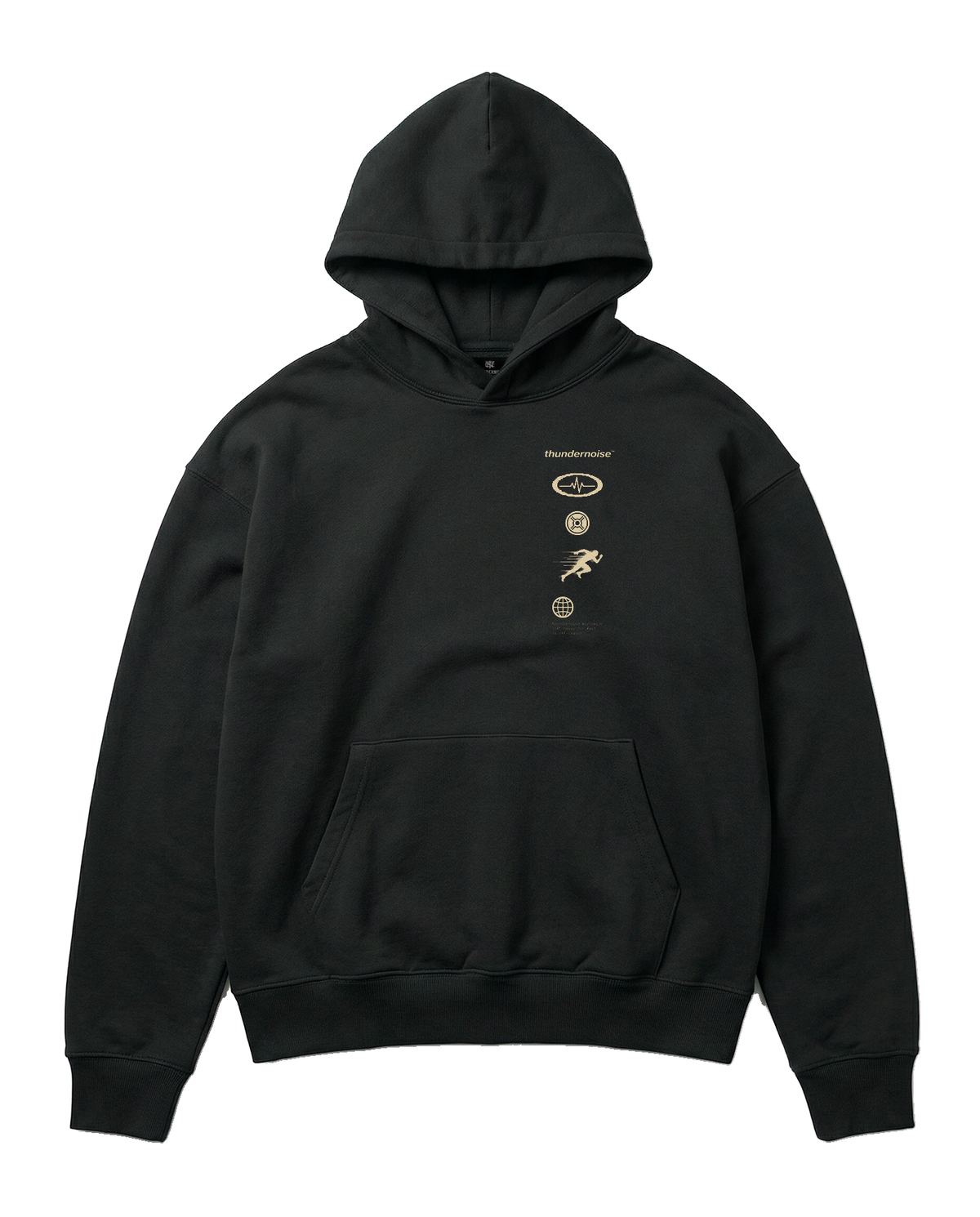 Strong Enough to Run oversize hoodie in black — front with the right-chest column of pulse, plate, sprinter and globe markers — Vue 5

