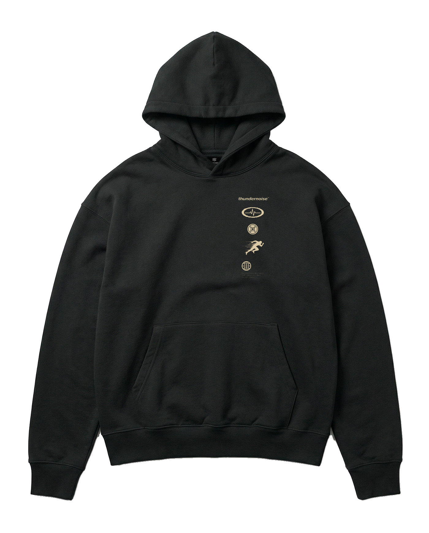 Strong Enough to Run oversize hoodie in black — front with the right-chest column of pulse, plate, sprinter and globe markers