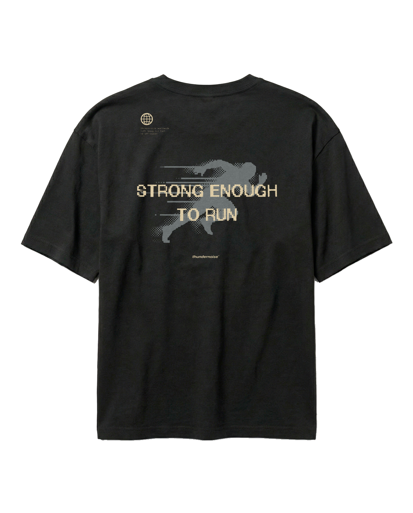 Strong Enough to Run oversize t-shirt in black — back print reading STRONG ENOUGH TO RUN over a halftone runner in sand and grey — Ansicht 1

