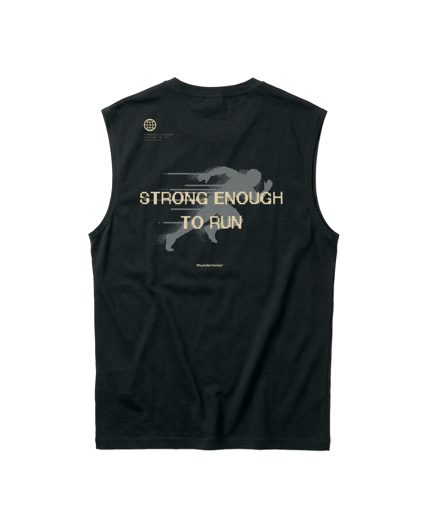 Strong Enough to Run tank top in black — back print reading STRONG ENOUGH TO RUN over a halftone runner in sand and grey