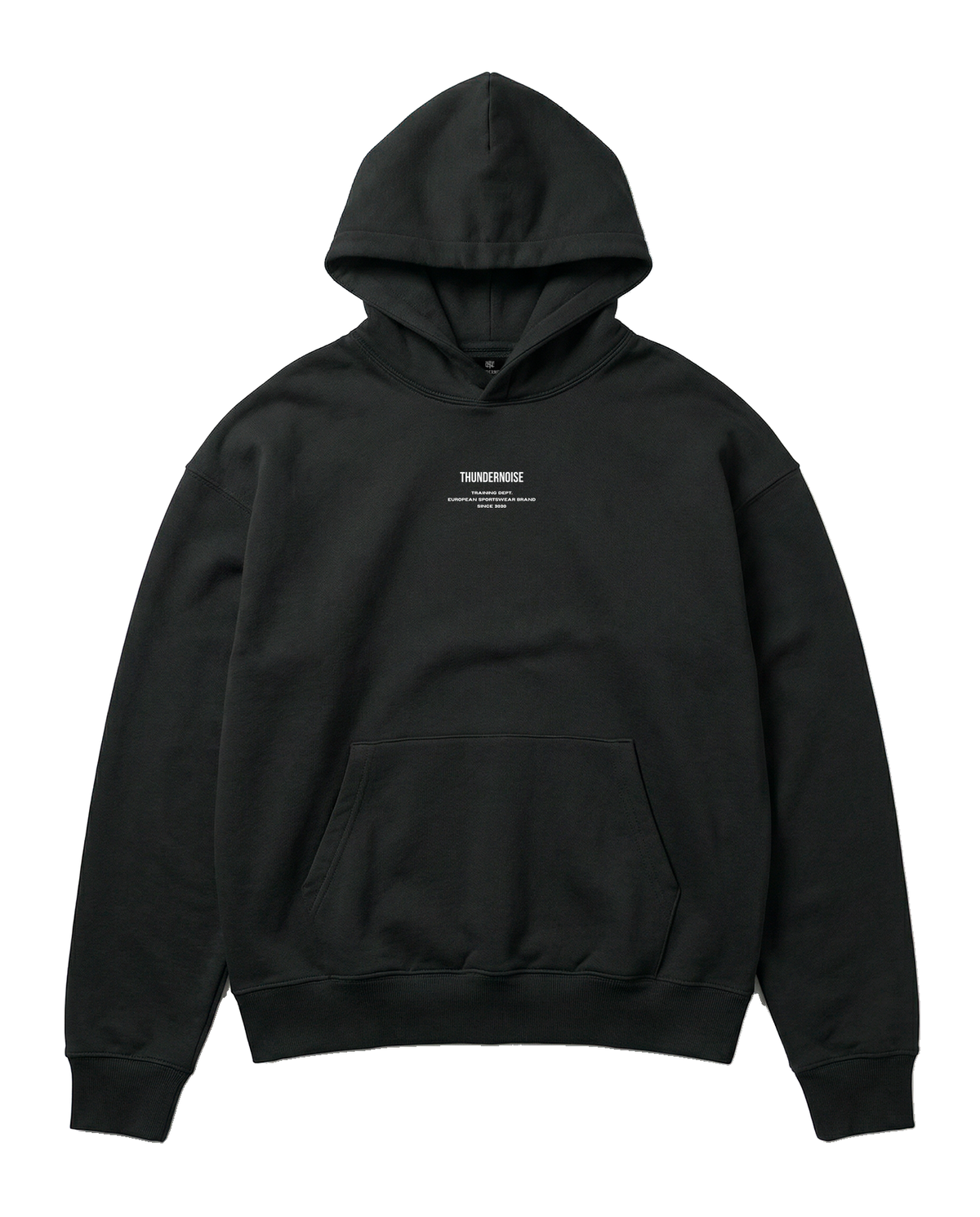 Today Was My Rest Day oversize hoodie in black — front with the compact Thundernoise chest mark in white — Vue 5
