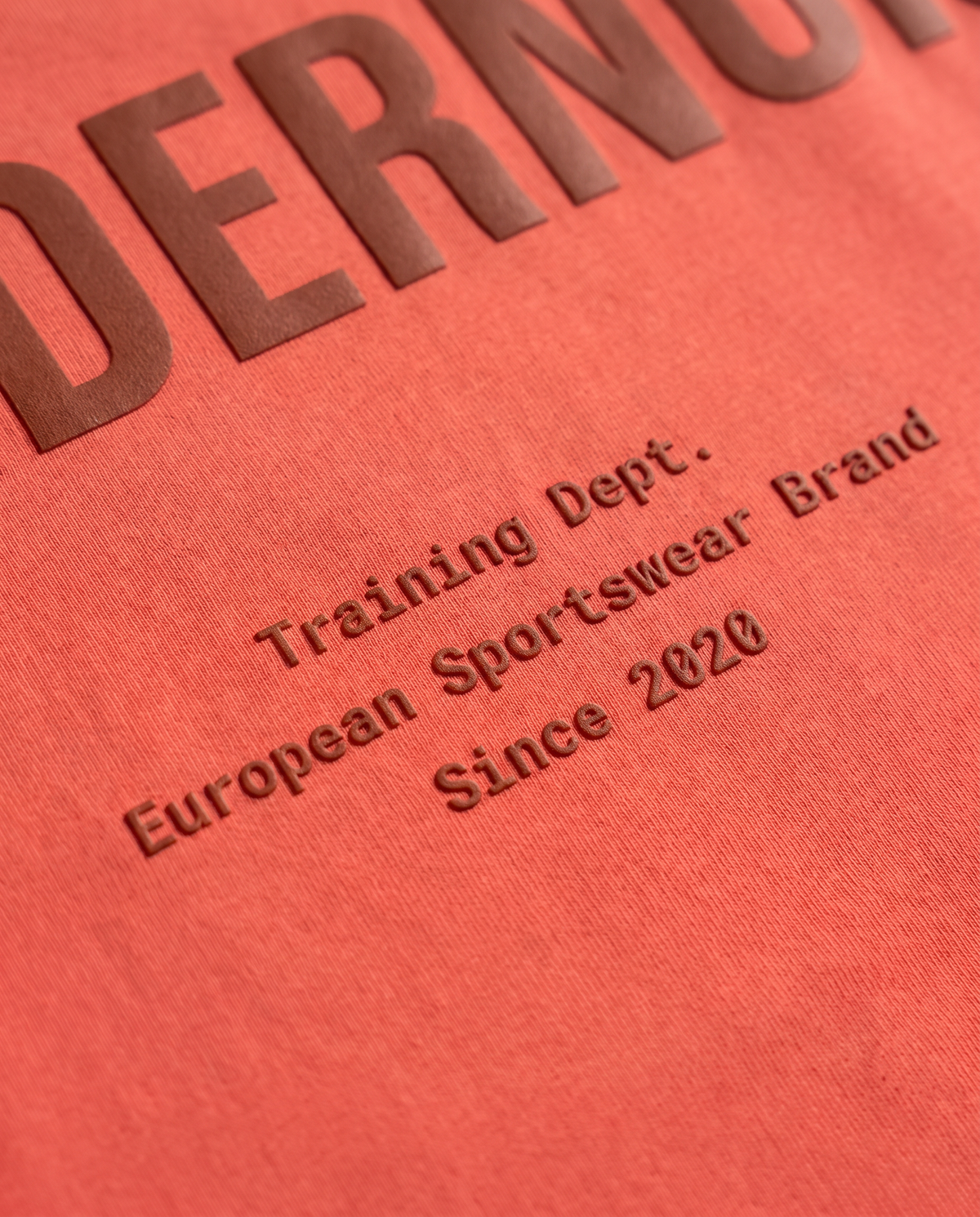Training Dept. triblend cropped t-shirt in coral — close-up of the raised high-density print on the back — Vista 5
