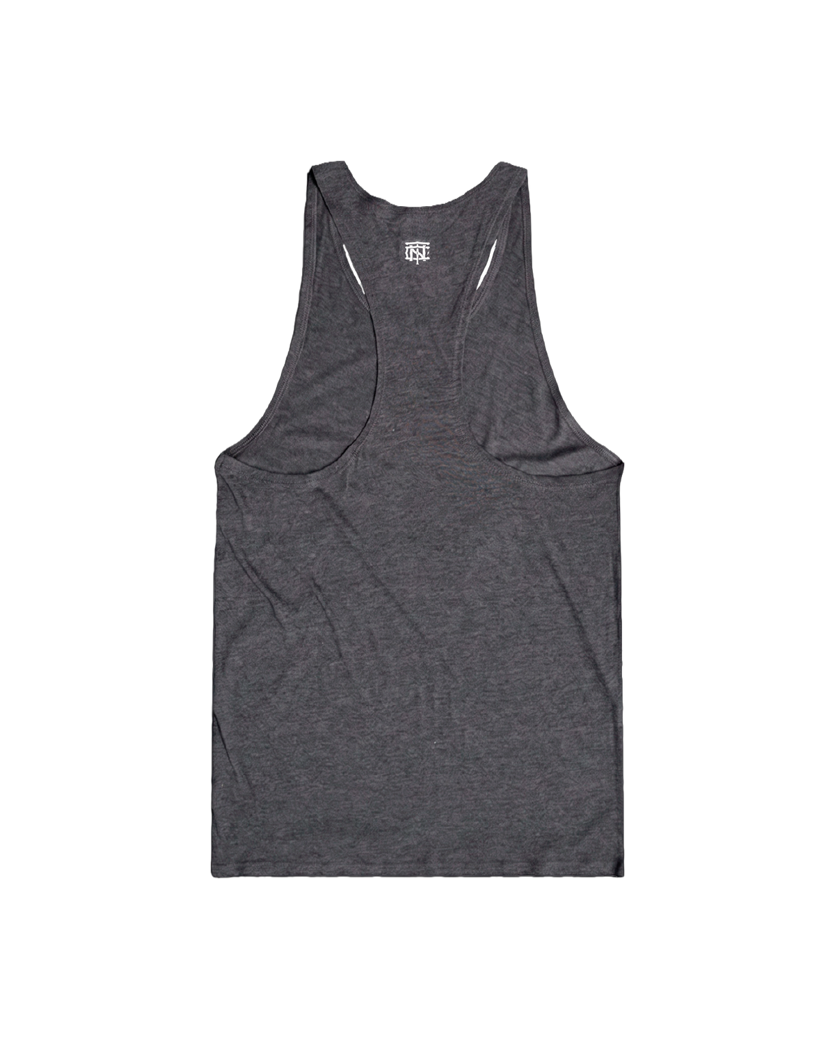 Training Dept. triblend tank top in dark grey heather — open back with the TN monogram at the neck — Vue 5
