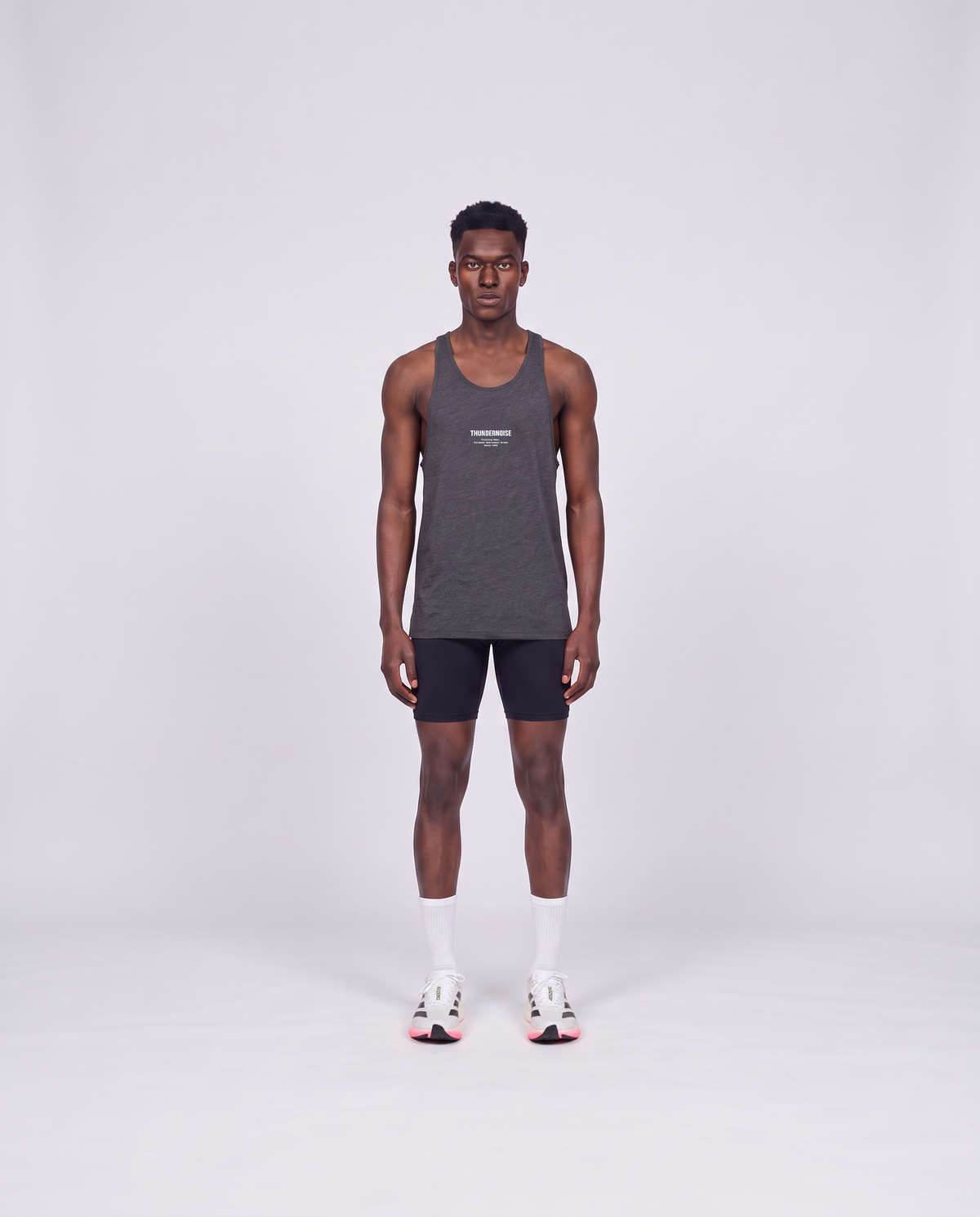 Training Dept. triblend tank top in dark grey heather on model — front view — Vue 2
